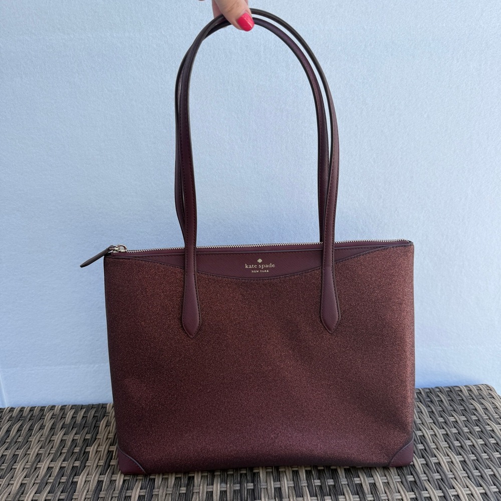 Kate Spade Glitter Tote Burgundy Large Shoulder Bag Zip Top Leather